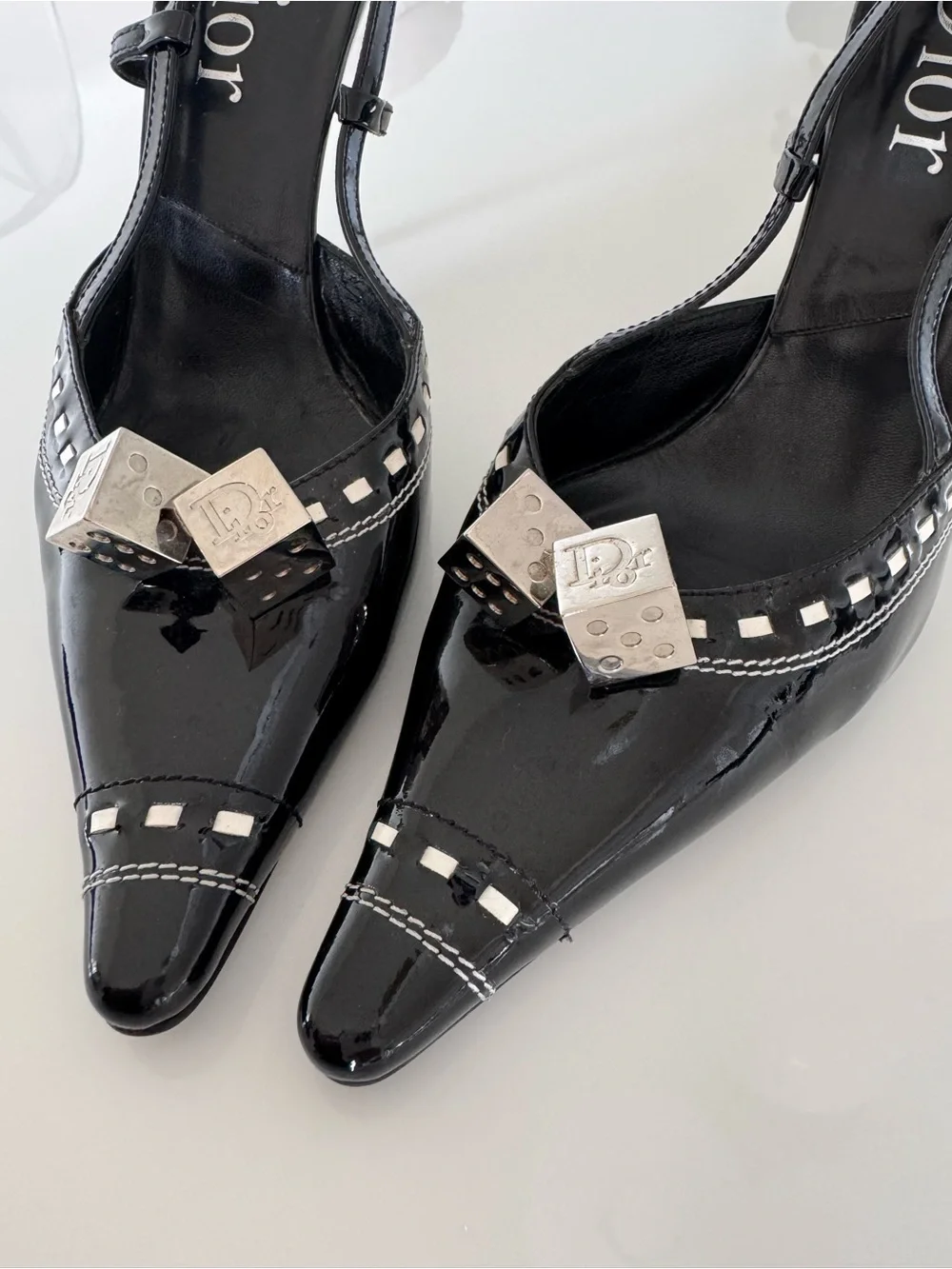 Dior Vintage Galliano FW 2004 Gambler Black Patent Leather Slingback Heels 39.5 - Picture 7 of 7